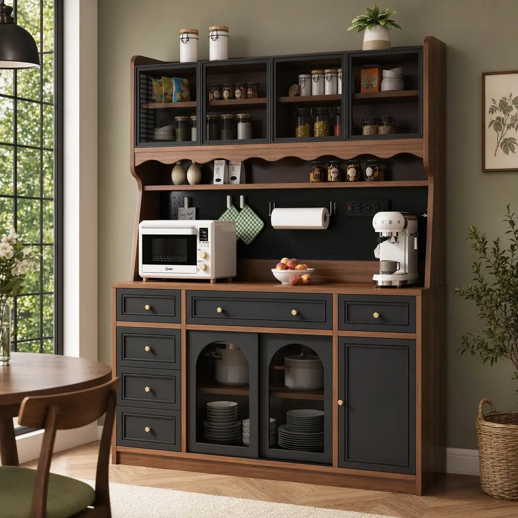 63" Freestanding ARCH Buffet Cabinet with Hutch - 6 Drawers, 4 Cabinets, Adjustable Shelves, Pegboard Backing, Built-In Power Outlet, Home Bar Storage Server