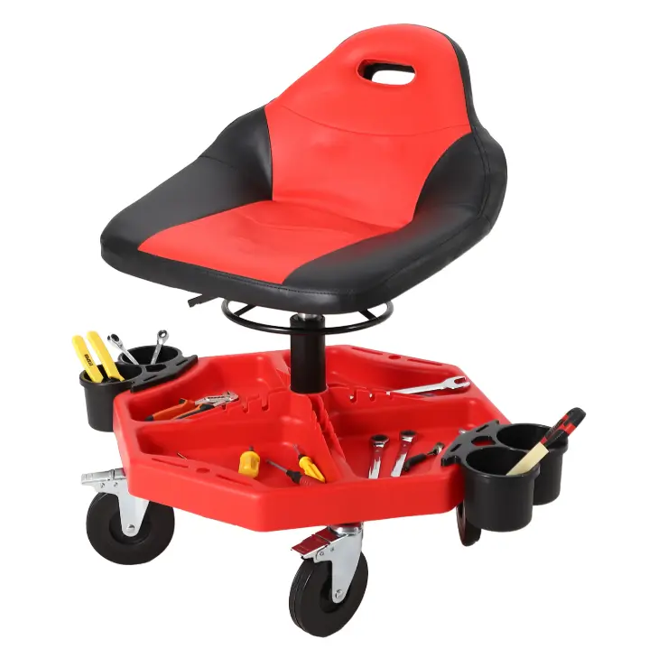 Rolling Mechanic Stool, 300 LBS Capacity, 19 in -24 in Height Adjustable | Shop Stool with Soft Cushion, Tool Tray & 5 in 360° Lockable Swivel Wheels for Garage, Auto Repair, Workshop, ‌Red