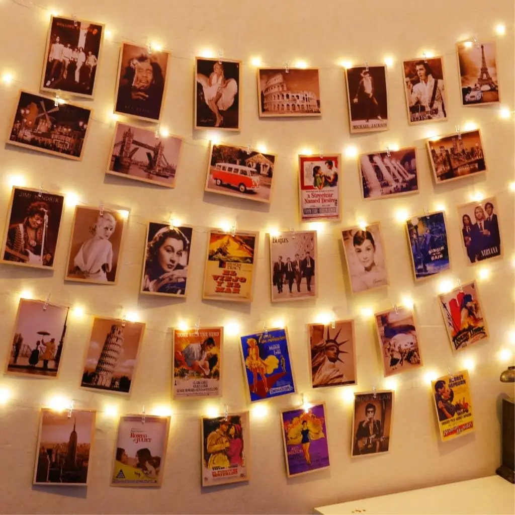 50LEDs Photo String Light, Warm White 16.4Ft Battery Powered Fairy Light with 52 Clear Clips & 10 Hooks on Wall for Hanging Picture Dorm Bedroom PartyGift