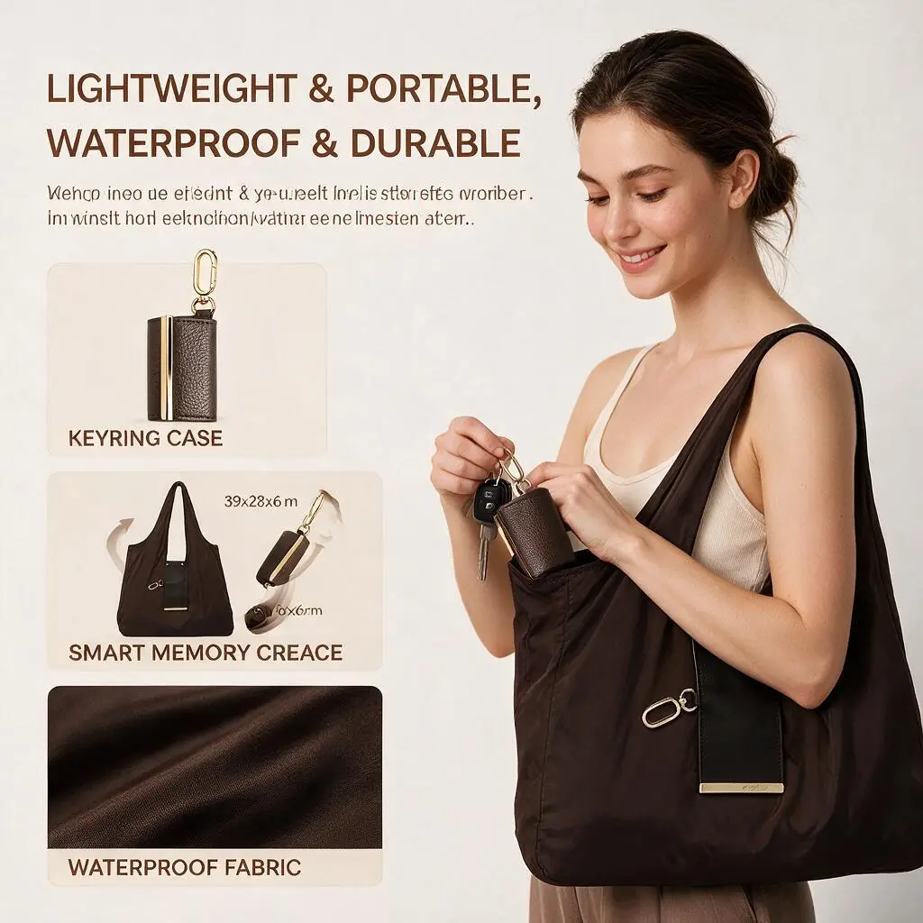 Compact Fold Reusable Fabric Shopping Handbag with Keyring Slot, Portable Keychain Storage Bag for Travel/Daily Use, Indoor Recreation Organizer