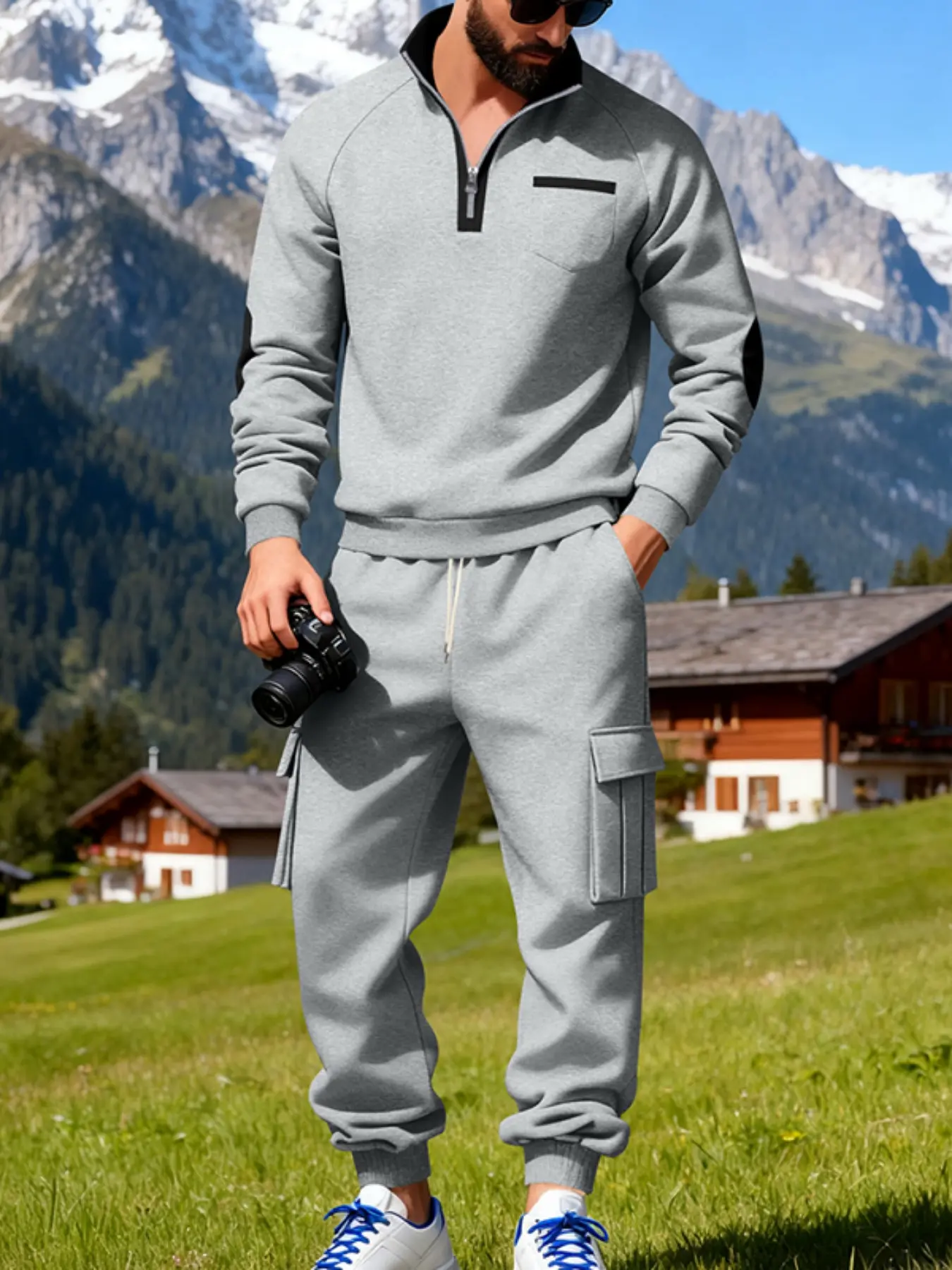 Men's 2-Piece Colorblock Stand Collar Half-Zip Fleece Set, Long Sleeve Chest Pocket Cargo Pants, Thick Warm Quarter Zip Fleece Sports Set, Fall Winter Outdoor Golf Commute Casual Wear, 5 Colors Available