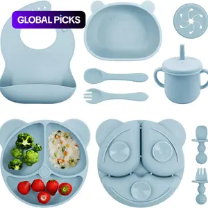 1 Set Solid Color Cartoon Silicone Baby Feeding Set With Bib, BPA Free Trays, Solid Color Baby Feeding Utensil