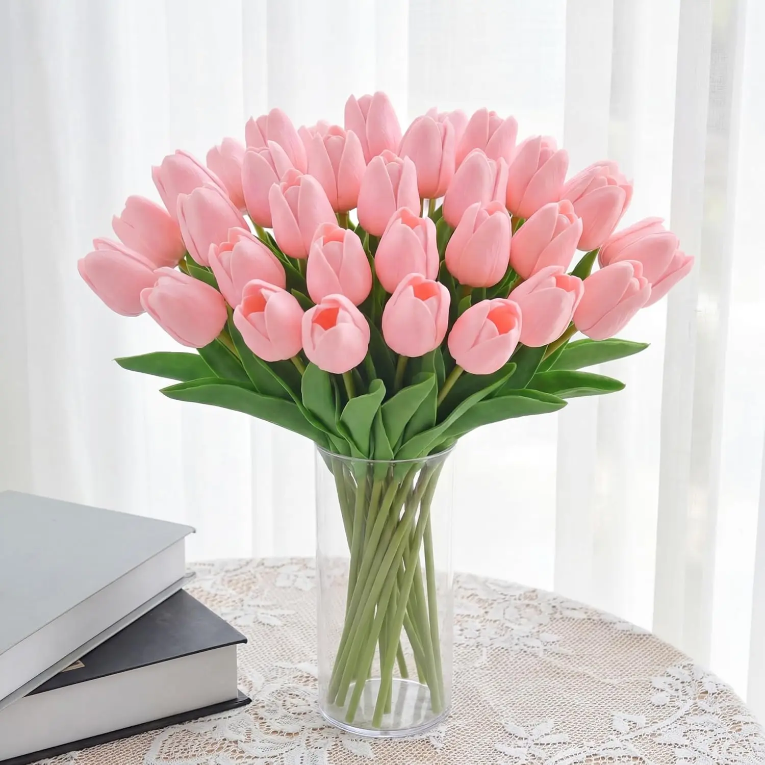 30 Pcs Pink Artificial Tulips with Clear Vase, Realistic Faux Tulip Bouquet in Vase, Fake Flowers Arrangement for Spring Floral Centerpiece for Home Office Table Decor