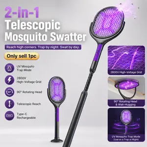 Rechargeable Electric Fly Swatter Bug Zapper, 2-in-1 Telescopic Mosquito Killer Racket with 90 Degree Rotating Head, UV Light Attractant, Type-C Charging, 5-Layer Safety Mesh, Extended Reach Handle for Indoor Outdoor Kitchen Bedroom Camping Use