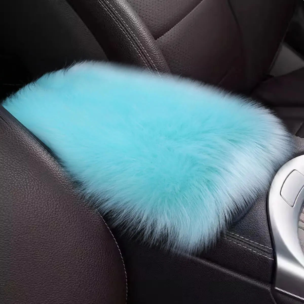 Modern Auto Center Console Armrest Cover Pad, 11.81"x7.87" Warm Furry Faux Sheepskin Cushion with Elastic Bands, Protective Interior Accessory for MPV/SUV (Blue)