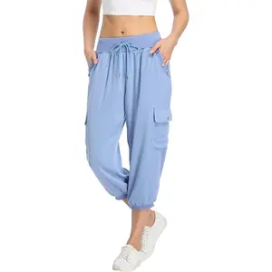 Goddess Wardrobe MISS MOLY Women's Cargo Capris Travel Pants Button Decor Summer Loose Harem Sweatpants Stylish Soft with Pockets