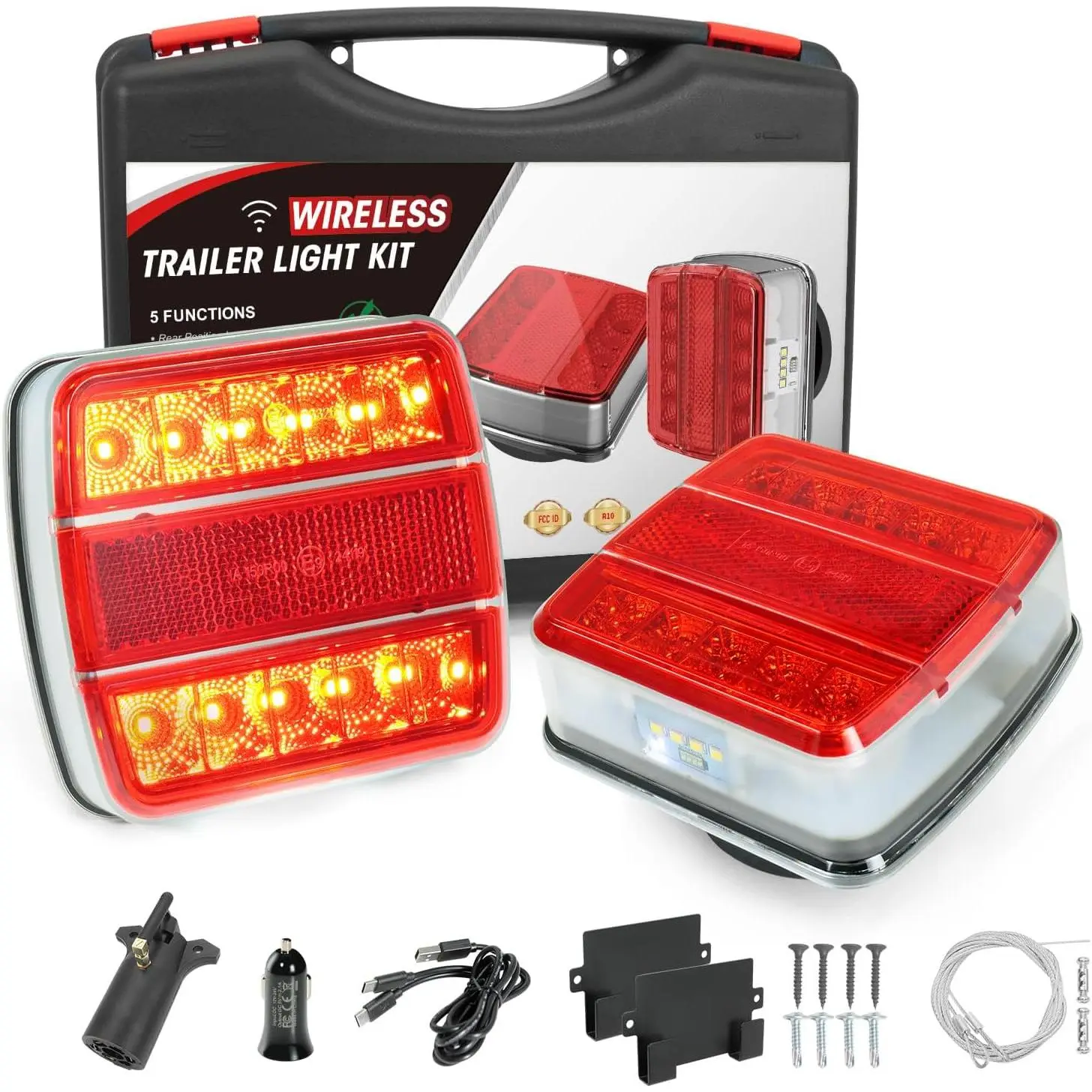 Luminous Wireless Magnetic Trailer Lights Kit - USB-C Fast Charge Rechargeable LED Turn/Brake/Light, Fast Charging USB Port, IP67 Water Resistant Steel Retroreflectors, Secure Portable for Trucks Caravan Towing