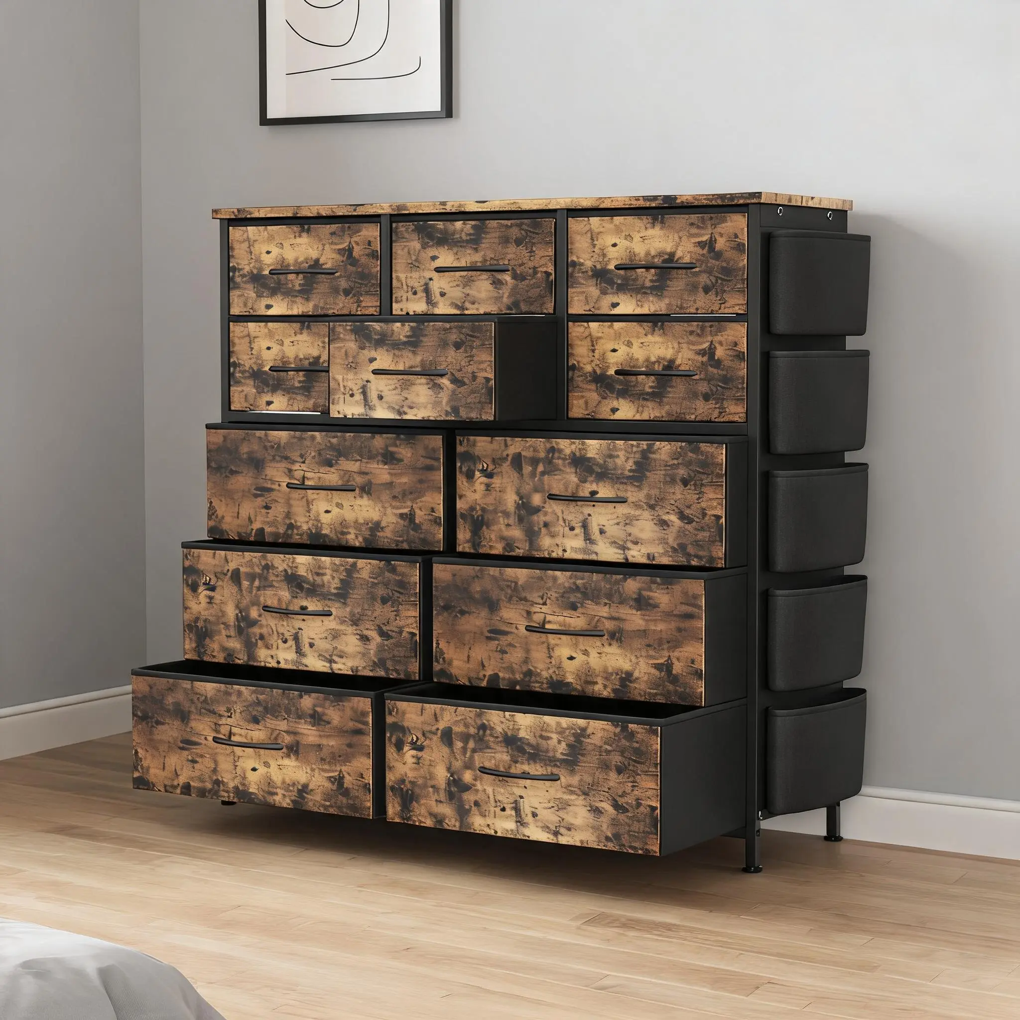 12 Drawer Dresser, Fabric Dresser for Bedroom, Tall Storage Tower with 5 Side Pockets and 2 Hooks, Rustic Chest of Drawer with Wood Tabletop and Adjustable Feet for Closet, Living Room, Brown
