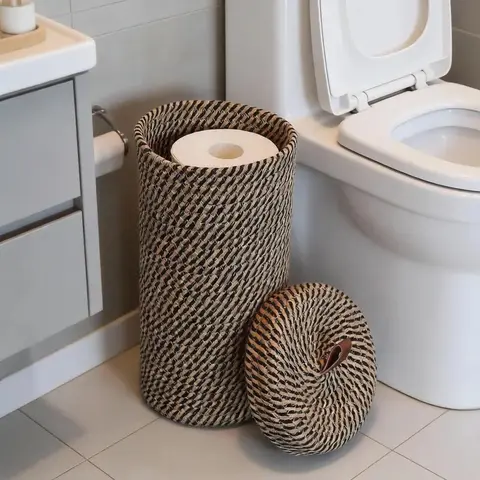 Independent Toilet Paper Holder Rack, Boho Style Bathroom Storage Basket, Bathroom Organizer, Bathroom Gadgets, Jute Rope Hand-Woven Design, Fits Super Large Rolls, Holds 3 Rolls