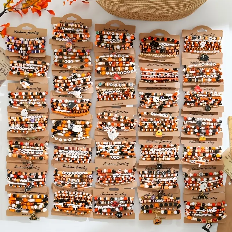 Vintage Halloween Bracelets, 24/35-Piece Random Style Acrylic Stacking Stretch Set with Bat & Pumpkin Charms for Daily Casual Party Favors, 24/35Pcs, Yes, Unisex