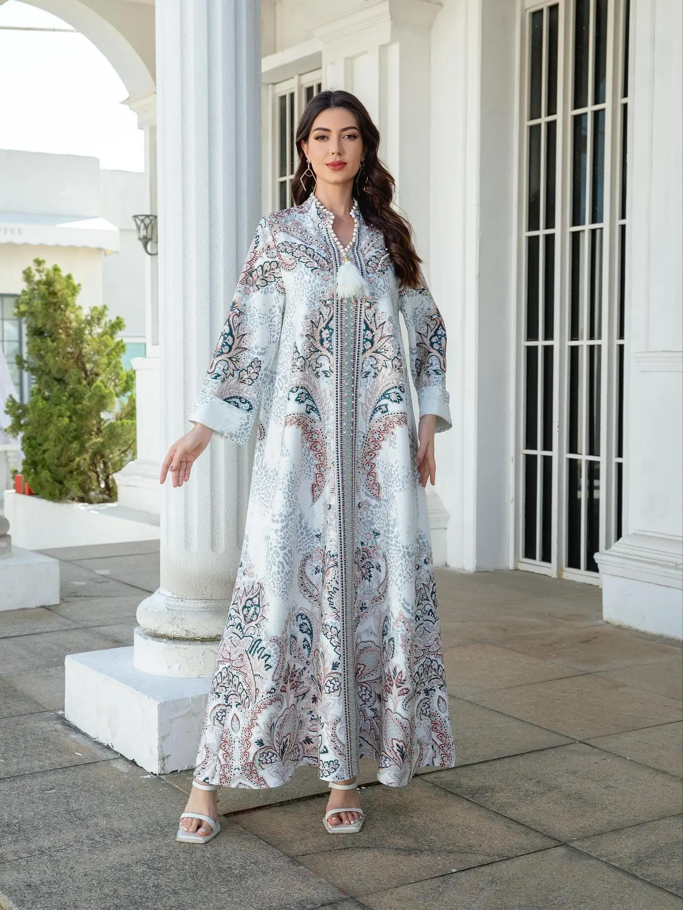 arabian casual dress Yasmyna Women's Floral Embroidery Pattern Casual Loose Party & Travel Arabic  Style Flare Sleeve Dress White Modest Dress White Abaya Arabian Dress Najma  Dress