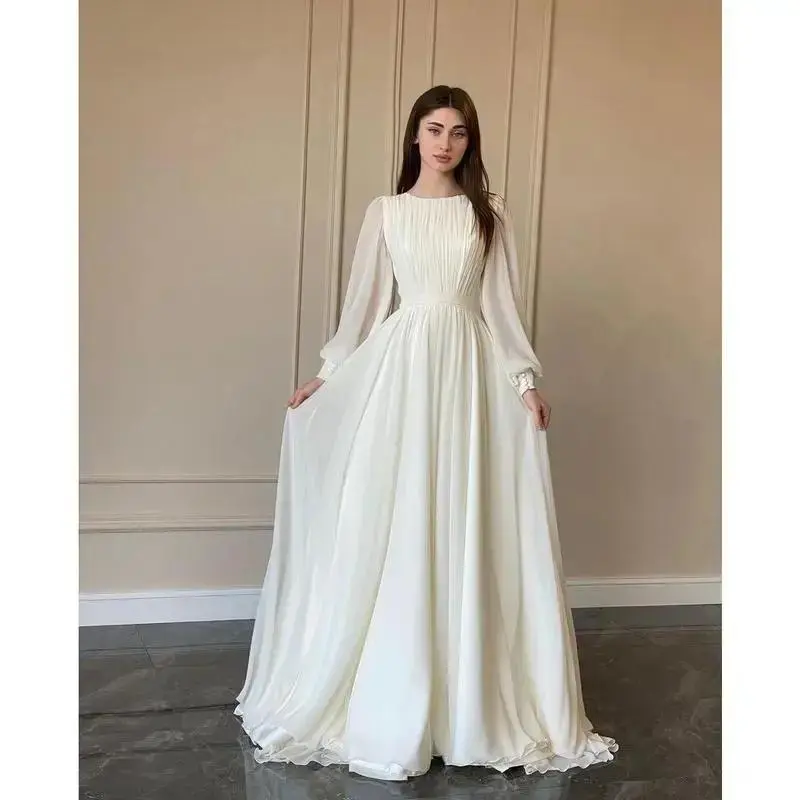 Lantern Sleeve Pearlescent Dress White Wedding Dress Crew Neck Dress Long Sleeve Dress(Sheets)