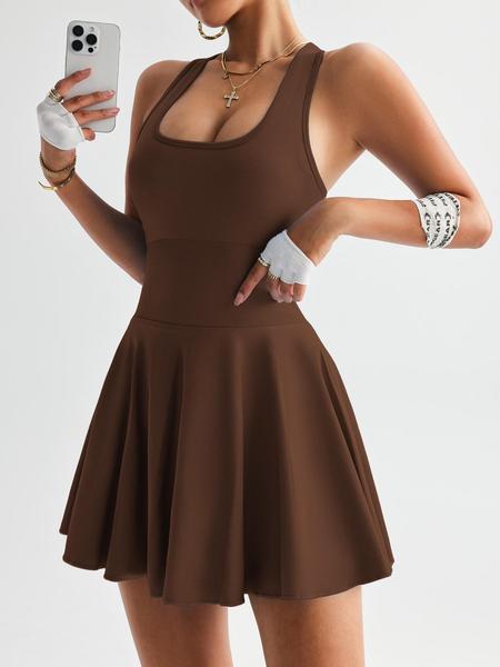 Women's Solid Square Neck Sports Tank Dress, Casual Sporty Sleeveless Bodycon Dress for Yoga Gym Workout, Ladies Sportswear for All Seasons