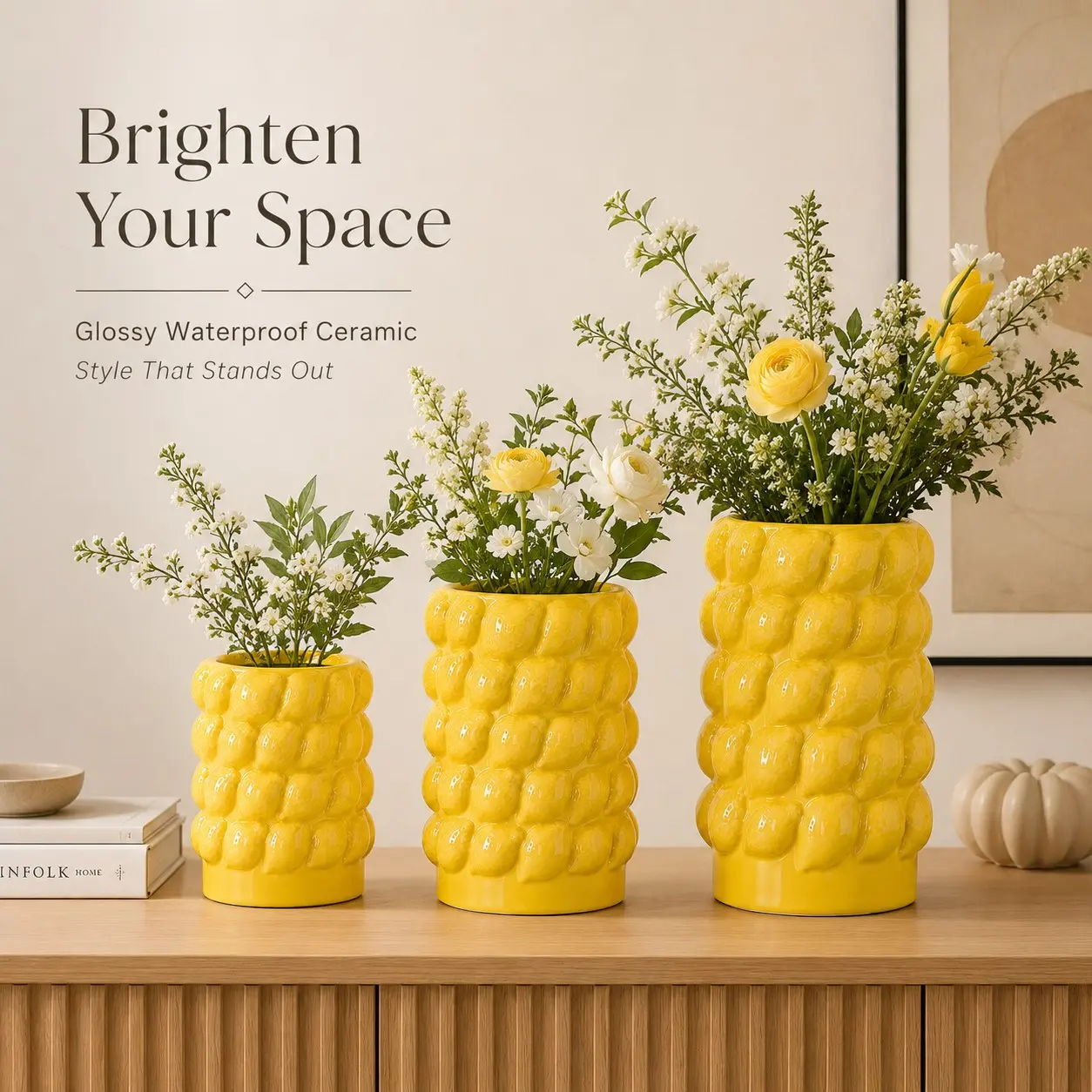 1PC Modern Creative Unique Lemon Fruit Yellow Ceramic Vase, 3D Embossed Texture Design, Bright Glazed Ceramic Flower Utensils, Minimalist Living Room, Bedroom, and Office Decoration, Flower Arrangement Water Nourishing Hydroponic Gift giving Utensils