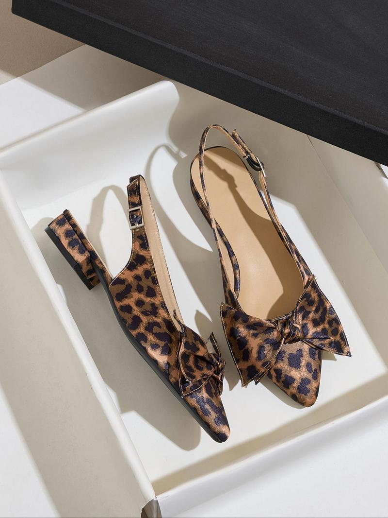 Fashion Leopard Print Bow Decorated Heeled Sandals, Elegant Pointed Toe High Heel Sandals for Women, Casual Versatile Shoes for Daily Wear, Fashionable Slingback Sandals