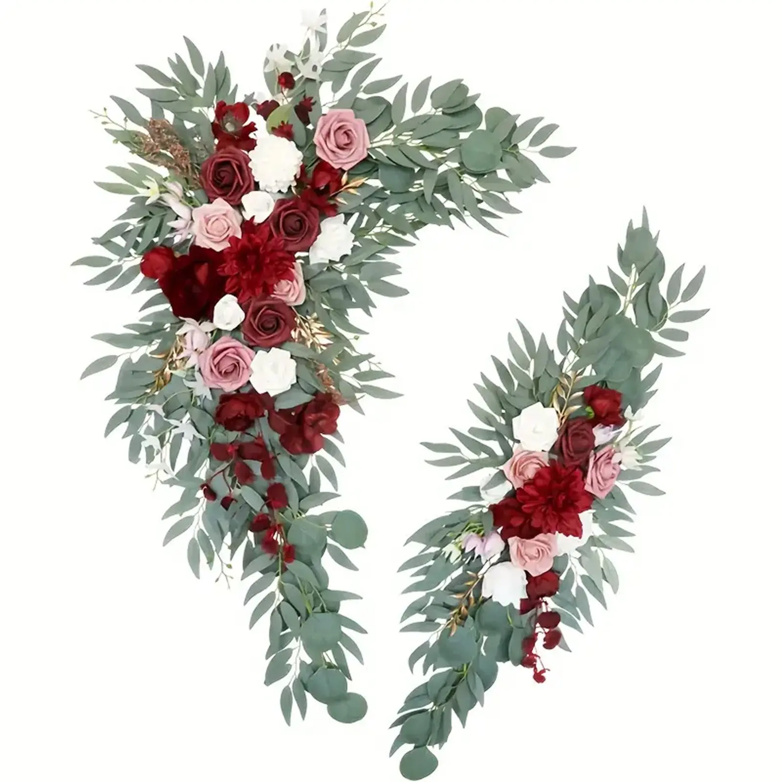 2 PCS elegant romantic red artificial wedding flower decoration, featuring simulated roses, dahlias, and green leaves, perfect for outdoor small weddings, beach weddings, garden wedding ceremonies, and reception background decoration