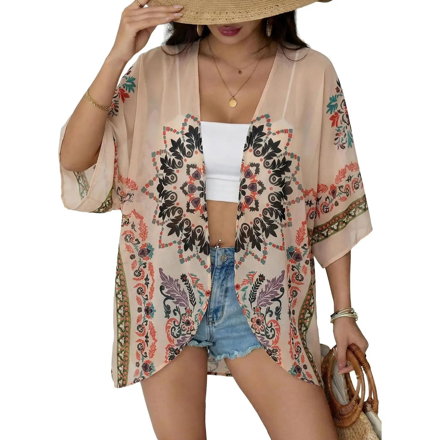 Floral Print Chiffon Kimono Cardigan, Open-Front Beach Wear Cover-Up Blouse Top