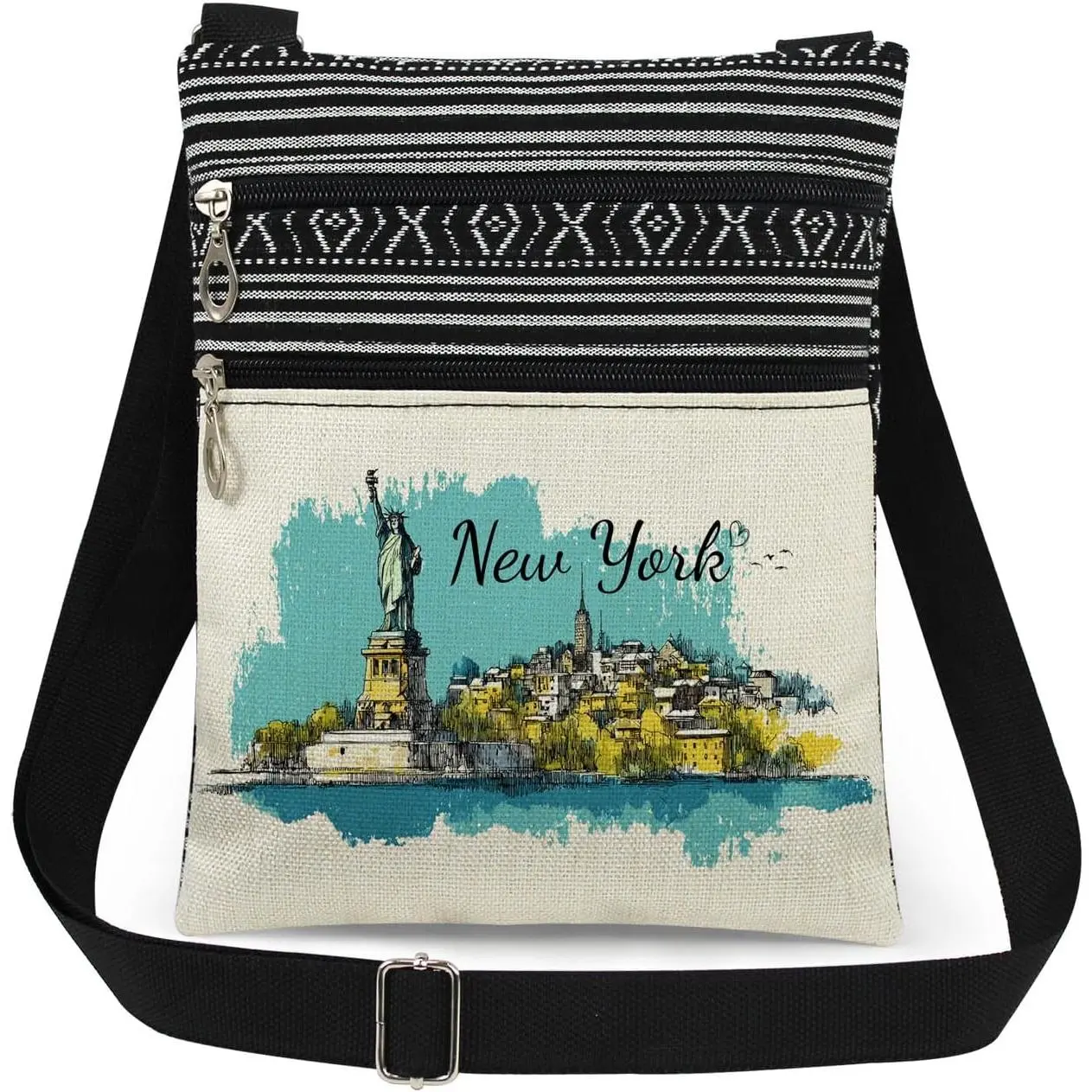 Women's Watercolor Crossbody Shoulder Bag - Statue of Liberty & Skyline Print, Lightweight Polyester Purse with Adjustable Strap for Travel & Daily Use, Watercolor Women's Crossbody & Shoulder Bags, Stripe Women's Crossbody & Shoulder Bags