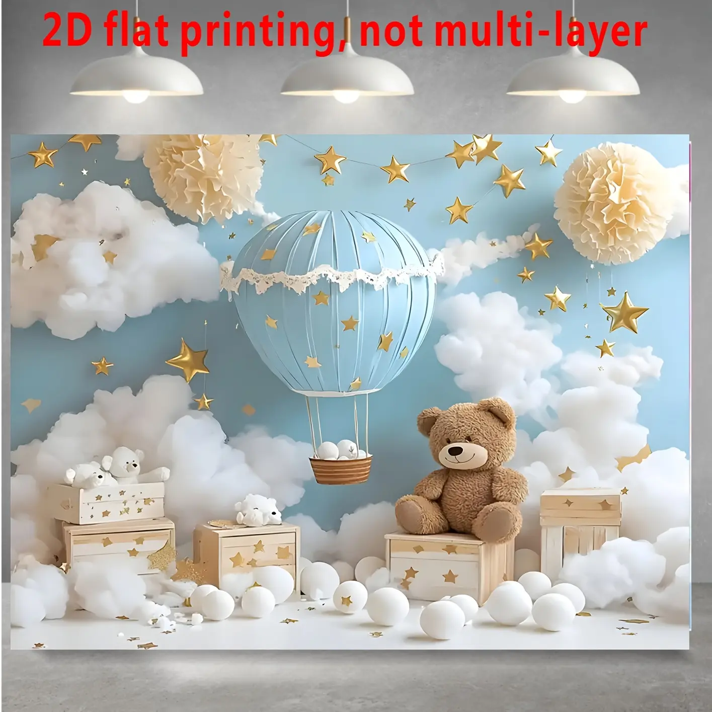 1PC 2D Flat Polyester Backdrop - Hot Air Balloon Teddy Bear Themed Decor with Blue Sky, Clouds, Golden Stars for Baby Showers, Birthday Parties, Newborn Photography (Festive Backdrops & Banners, Home & Party Supplies) to Create Dreamy Look