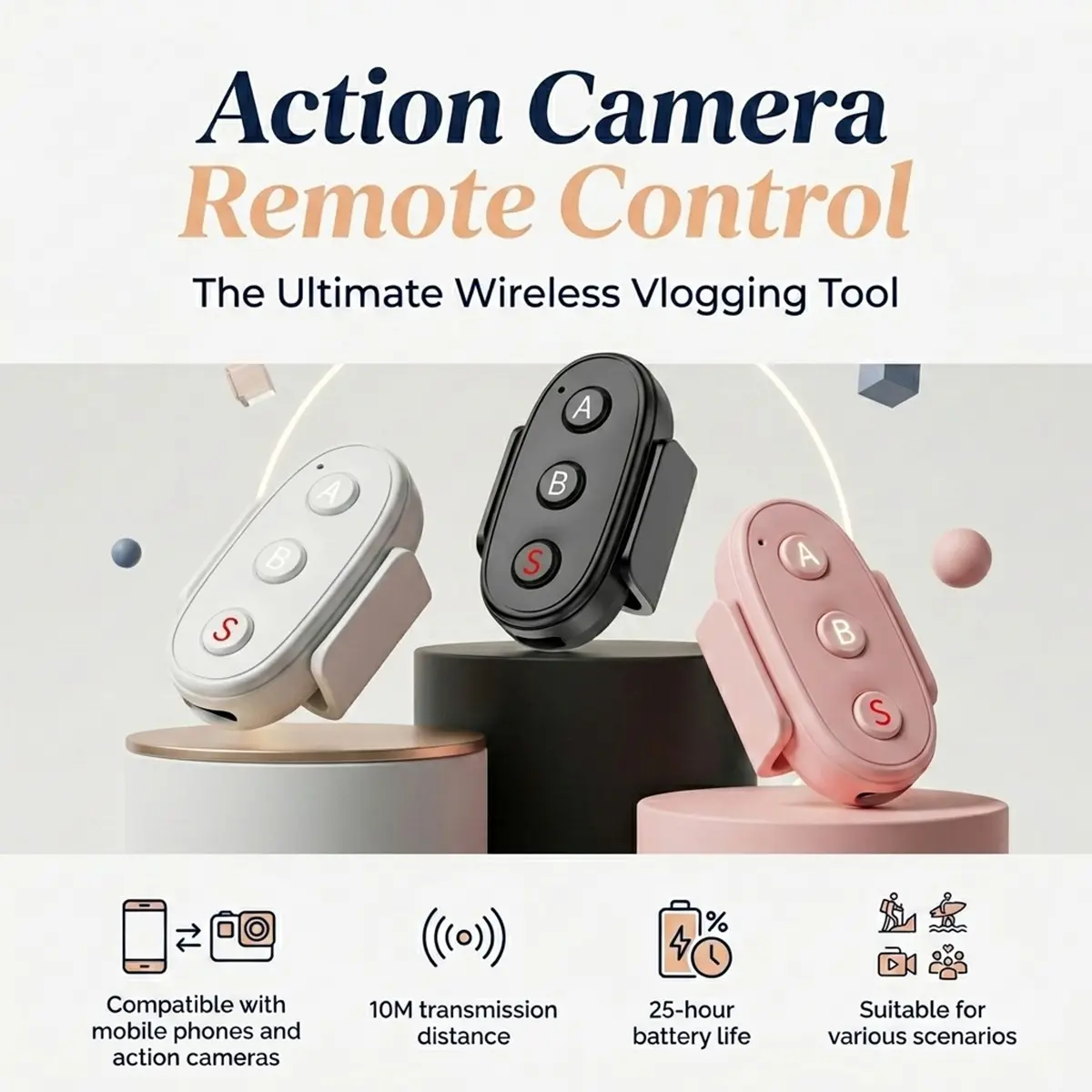 Universal Bluetooth-compatible Camera Remote Controller for Gopro Dji Insta360 Smartphones, 50 Feet Wireless Range, Long Battery Life, Shutter Control