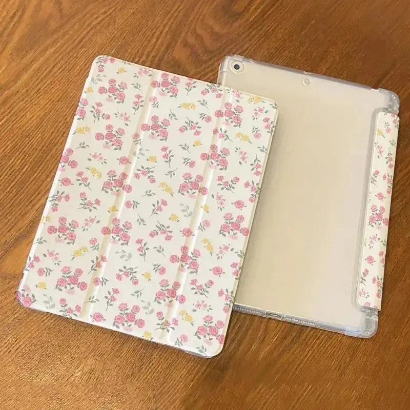 Small Pink Flowers & Green Leaf Pattern iPad Tablet Cover, Thermoplastic Polyurethane (TPU) Tablet Accessory with Auto Sleep/Wake Function, Shockproof Protection Case