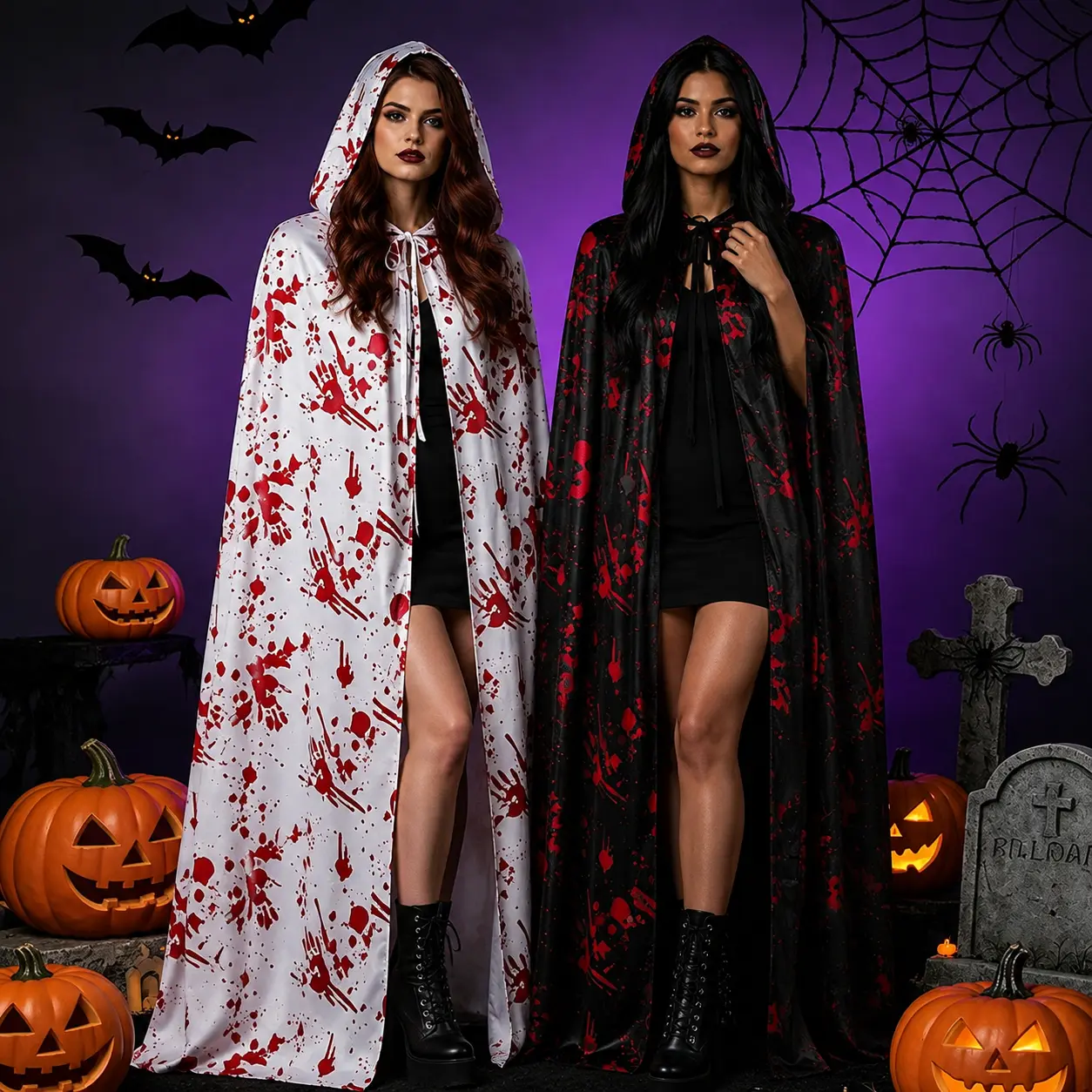 Halloween Hooded Cape for Adults, Bloody Handprint Long Costume Cloak, Black or White Full-Length Horror Cape with Tie Closure for Halloween Parties, Haunted House, Vampire, Witch, Ghost and Cosplay Costume Accessories