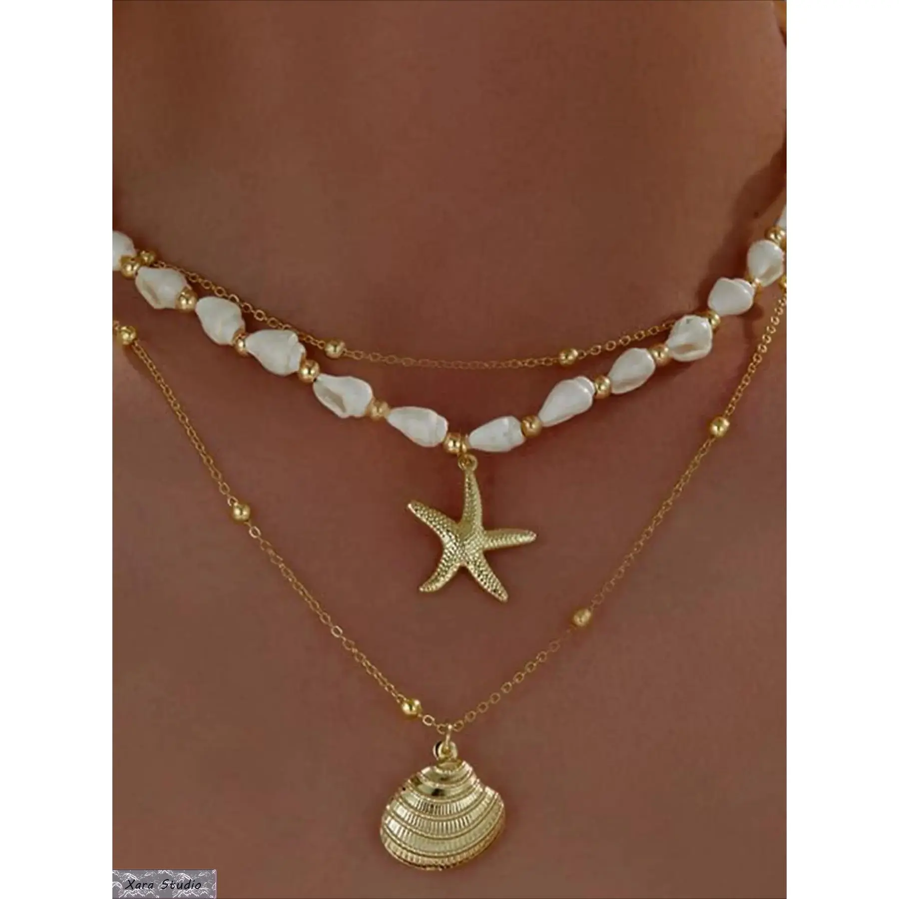 Boho Seashell Starfish Necklace for Women, Summer Beach Jewelry with Conch Shell & Pearl, 14k Gold Layered Dainty Choker, Adjustable Statement Necklace, Vacation, Pool Party, Everyday Wear, Trendy Gift for Her
