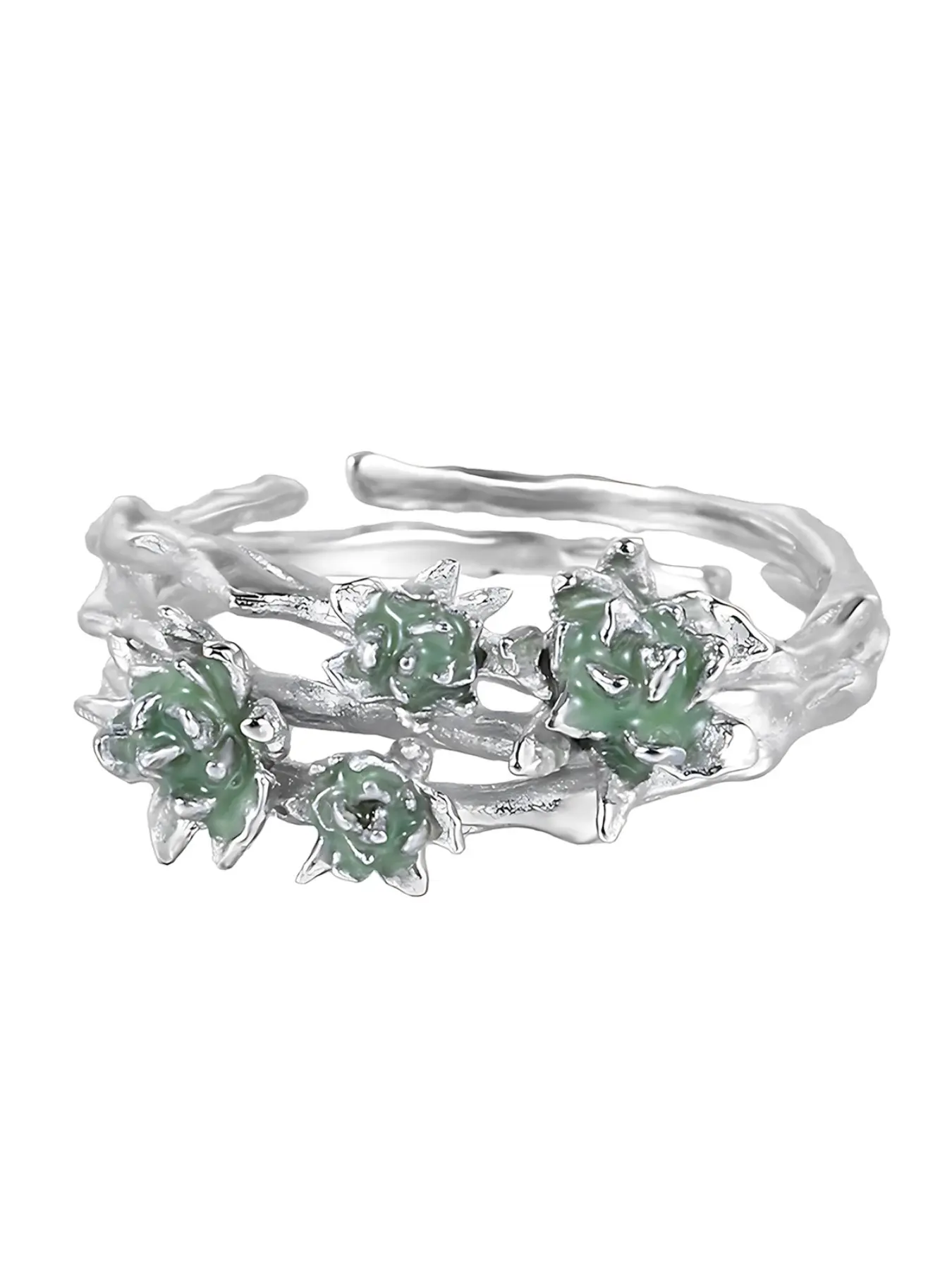 Unique Style Jasmine Branch Open Ring, S925 Sterling Silver Enamel Flower Adjustable Jewelry Gift for Women