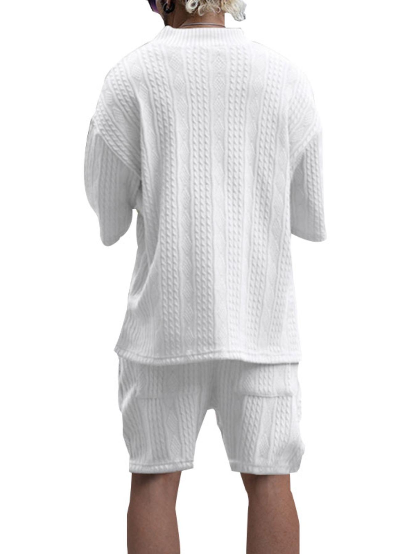 Men's Solid Drop Shoulder Knit Top & Shorts Two-Piece Set, Loose Casual Fashion Cozy Breathable Short Sleeve T-shirt & Shorts for Daily Outdoor Wear, Menswear for Summer, Clothing