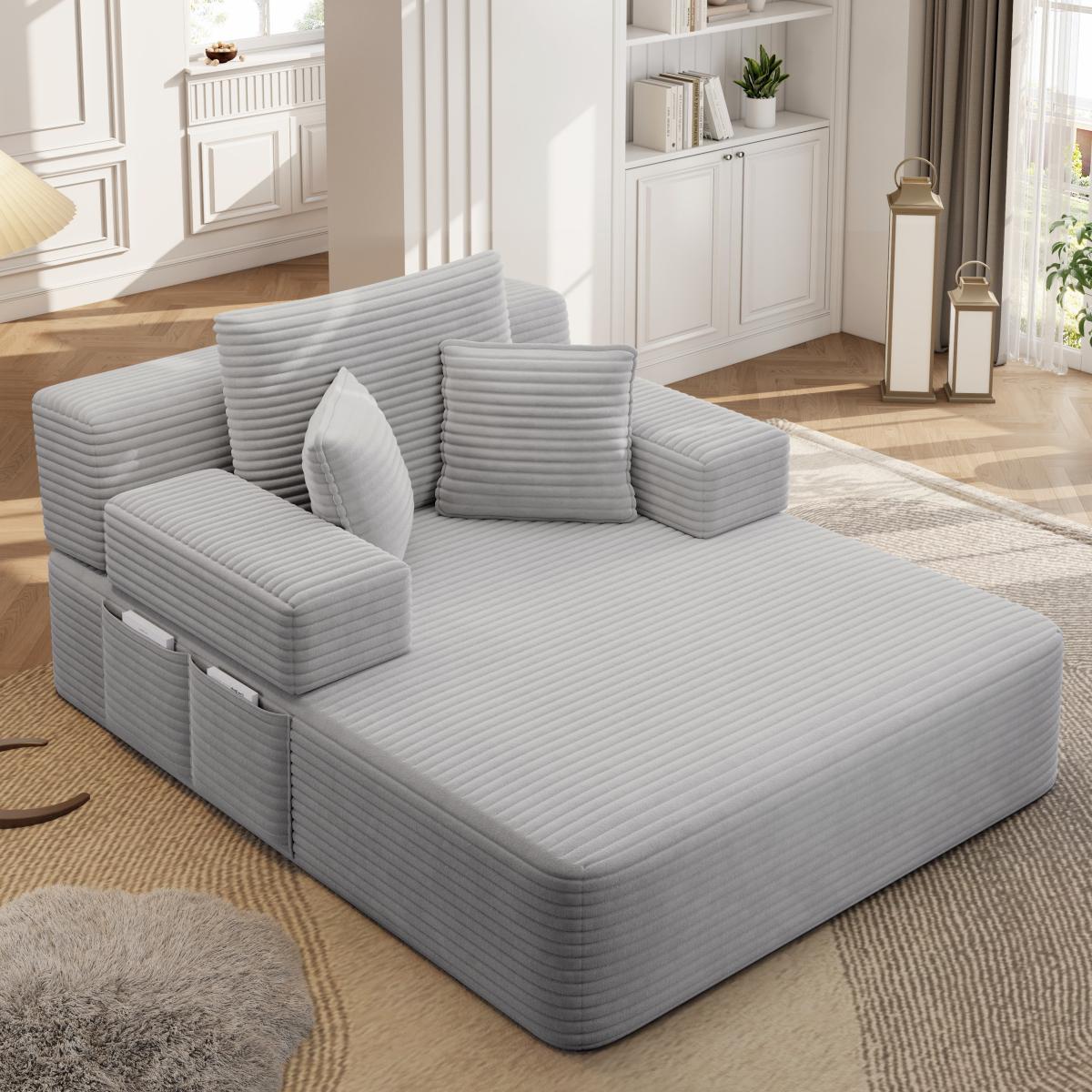 Luxurious Plush Corduroy Chaise Lounge with 3 Pillows, Convertible Sofa Bed with Storage Pocket, Frameless Design & Compression Foam for Small Spaces, Living Room, Apartment,Light Grey