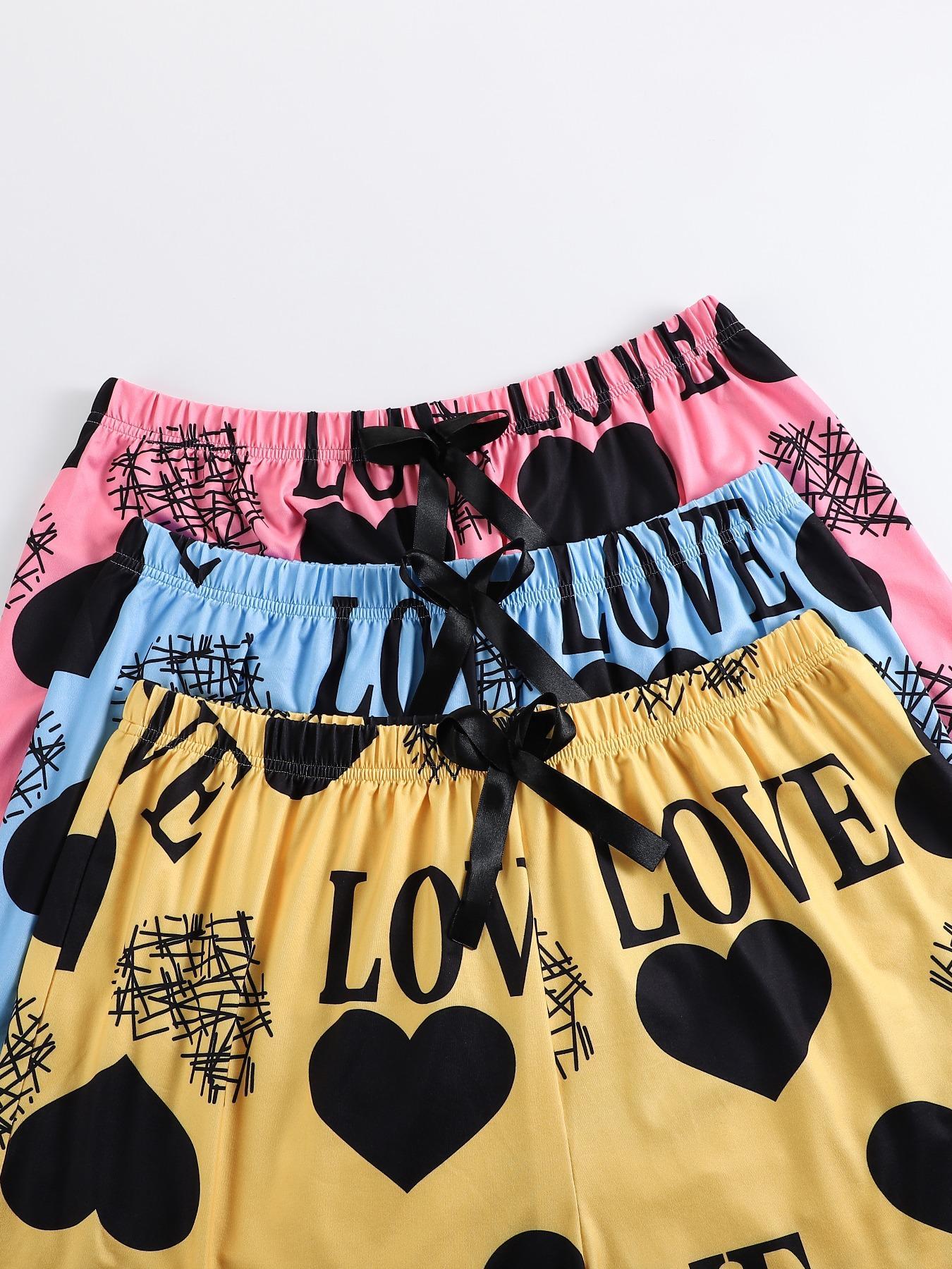 6-Piece Plus Size Heart Letter Print Cami Spaghetti Strap Shorts Pajama Set, Casual Sleeveless Fitted Sleepwear, Elastic Waist Bow Design, All Seasons