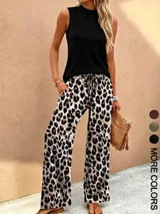 Women's Leopard Print Two-Piece Clothes Set, Casual Half-Neck Top + Drawstring Waist Long Pants, Comfortable and Stylish for Everyday Wear