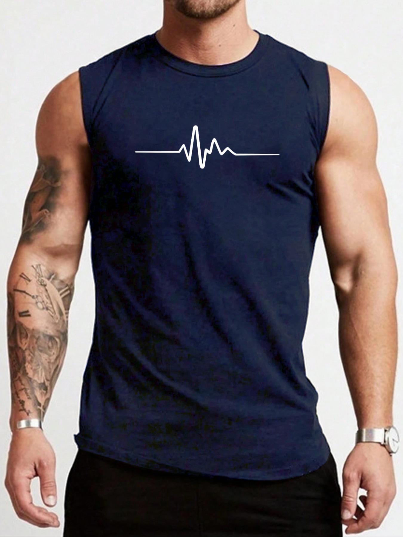 Men's Heartbeat Print Round Neck Tank Top, Athletic Tank Tops, Regular Fit Casual EKG Graphic Sleeveless Top for Summer, Men's Top for Daily Wear, Socks