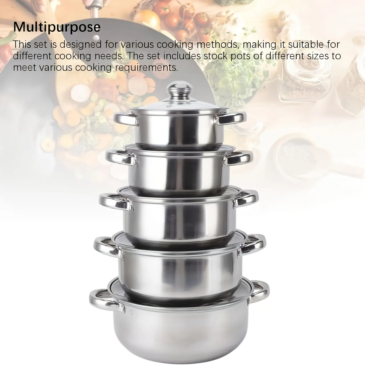 10-Piece set (5 kitchen pots + 5 lids) Stainless steel Kitchen cooking cookware set - soup, rice and baking, hot pot/noodle/seafood soup, ideal for home, restaurant, outdoor, dormitory, camping use, dishwasher washable, compatible with all stove types