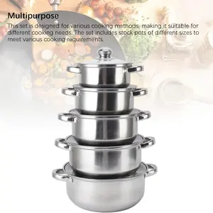 10-Piece set (5 pots + 5 lids) Stainless steel cooker set - soup, rice and baking, hot pot/noodle/seafood soup, ideal for home, restaurant, outdoor, dormitory, camping use, dishwasher washable, compatible with all stove types