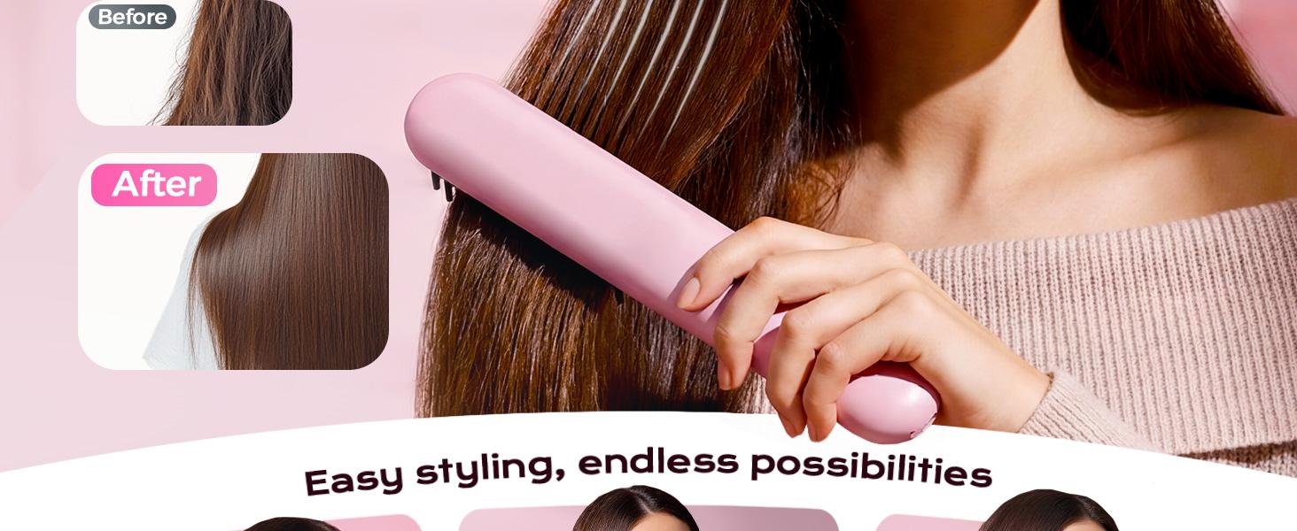 Go Brush - Pro for Short Hair - 2026 Upgraded Cordless Straightening Brush with 30s Fast Heat, 3 Temperature Settings, Ionic & Ceramic Care, 2500mAh USB-C Rechargeable for Frizz-Free Styling (Pink)