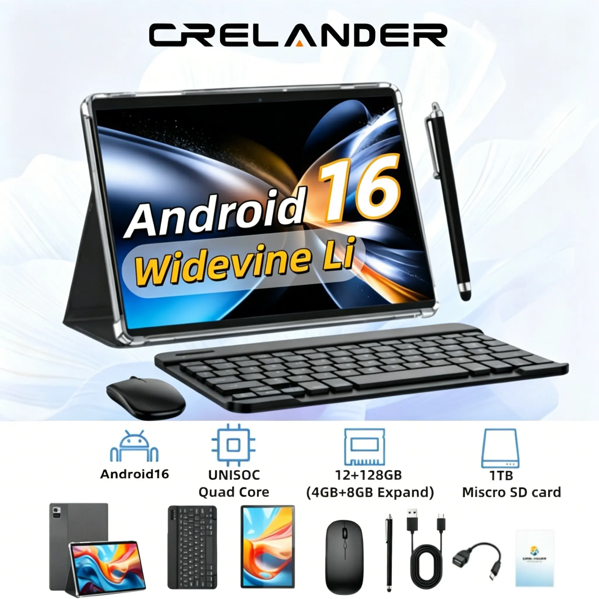 CRELANDER Android 16 Tablet 10.1 Inch | 12GB(4+8 Expand) RAM 128GB Expand Storage, Gemini AI, WiFi Dual Camera, Keyboard Mouse Case Combo