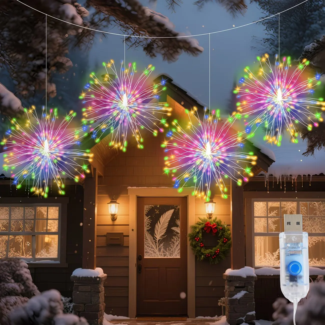 4/2pcs Outdoor Decorative Starburst Ball Lights, 360/180LED Hanging Firework Lights, 8-Mode Christmas Decorative Garden Lights. Suitable for Eaves, Patios, Gardens, Courtyards, Holidays, Christmas Lighting Decor