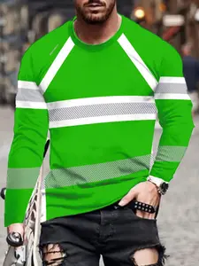 Trendy men's 3D color-blocked patterned long-sleeved T-shirt, versatile crew neck pullover, casual streetwear, men's top.