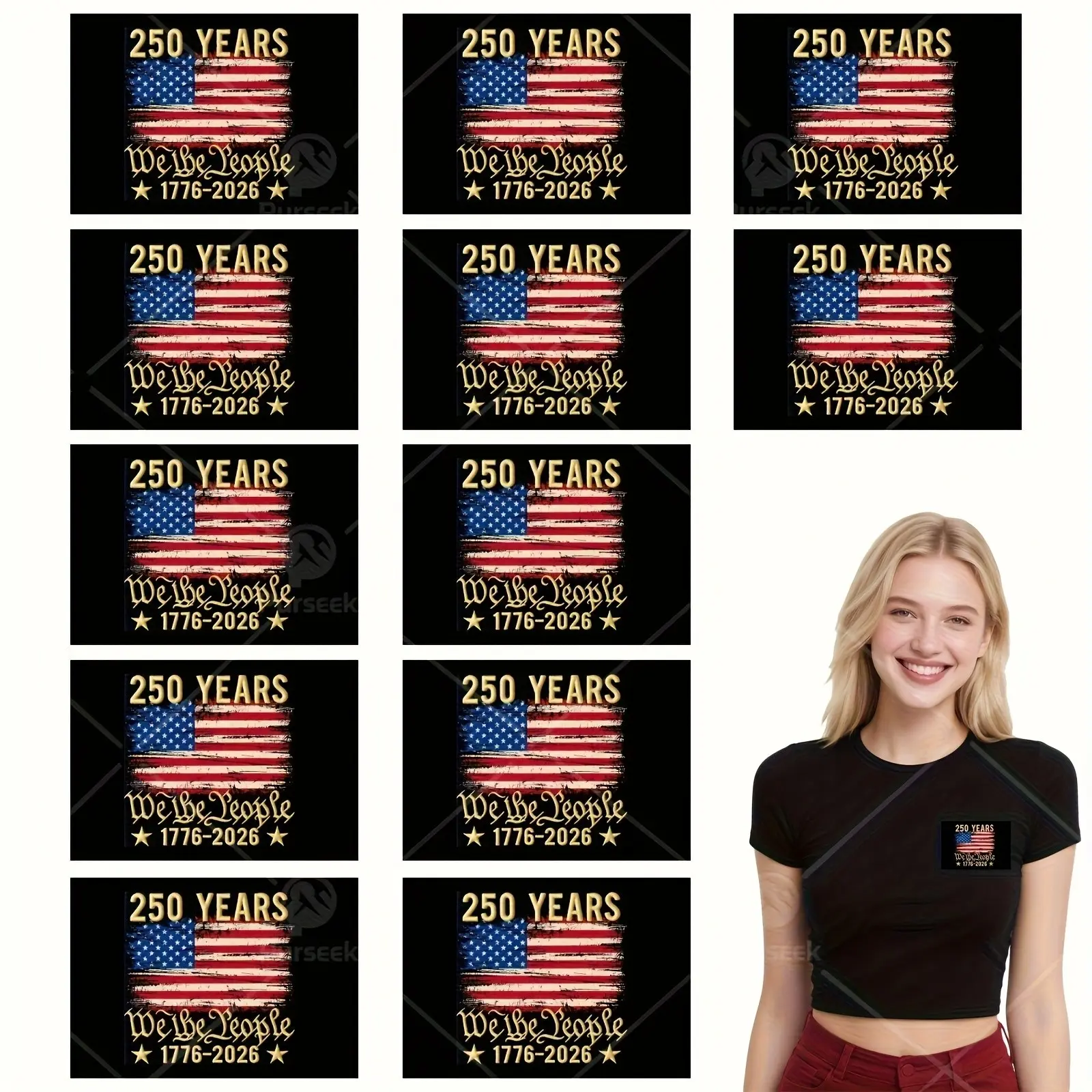 12-Pack American Flag Iron-On Transfer Stickers, Celebrate 250th Anniversary, Vibrant Colors, DIY Heat Transfer for Backpacks, Jackets, Hats