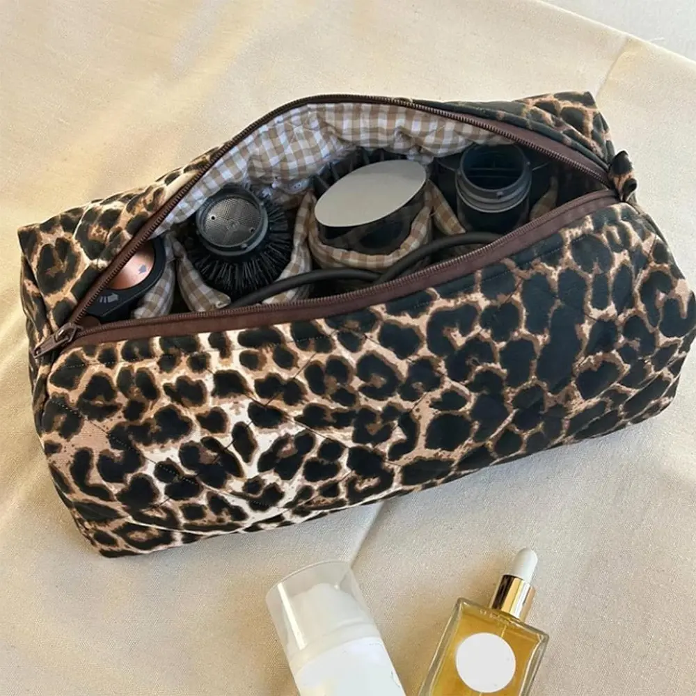 1pc Leopard Print Quilted make-up Bag, large-capacity hair dryer accessories storage bag, portable storage organiser for hair travel accessories, for Hot Air Brush Curling Iron Hair Styling Accessories, Portable Cosmetic Bag