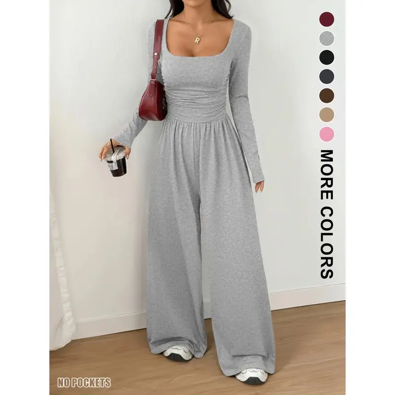 Women's Fall Winter Knit Fitted Wide Leg Jumpsuit Overalls, Casual Jumpsuits, Casual Basic Fashion Plain Color Round Neck One-Piece, Versatile Long Sleeve Romper, Lady Womenswear