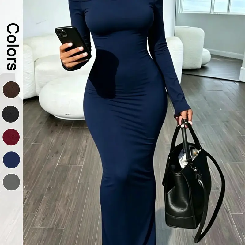 Women's Casual Off-the-Shoulder Maxi Dress, Long Sleeve Bodycon Dress, Soft High-Stretch Fabric, All-Season Wear