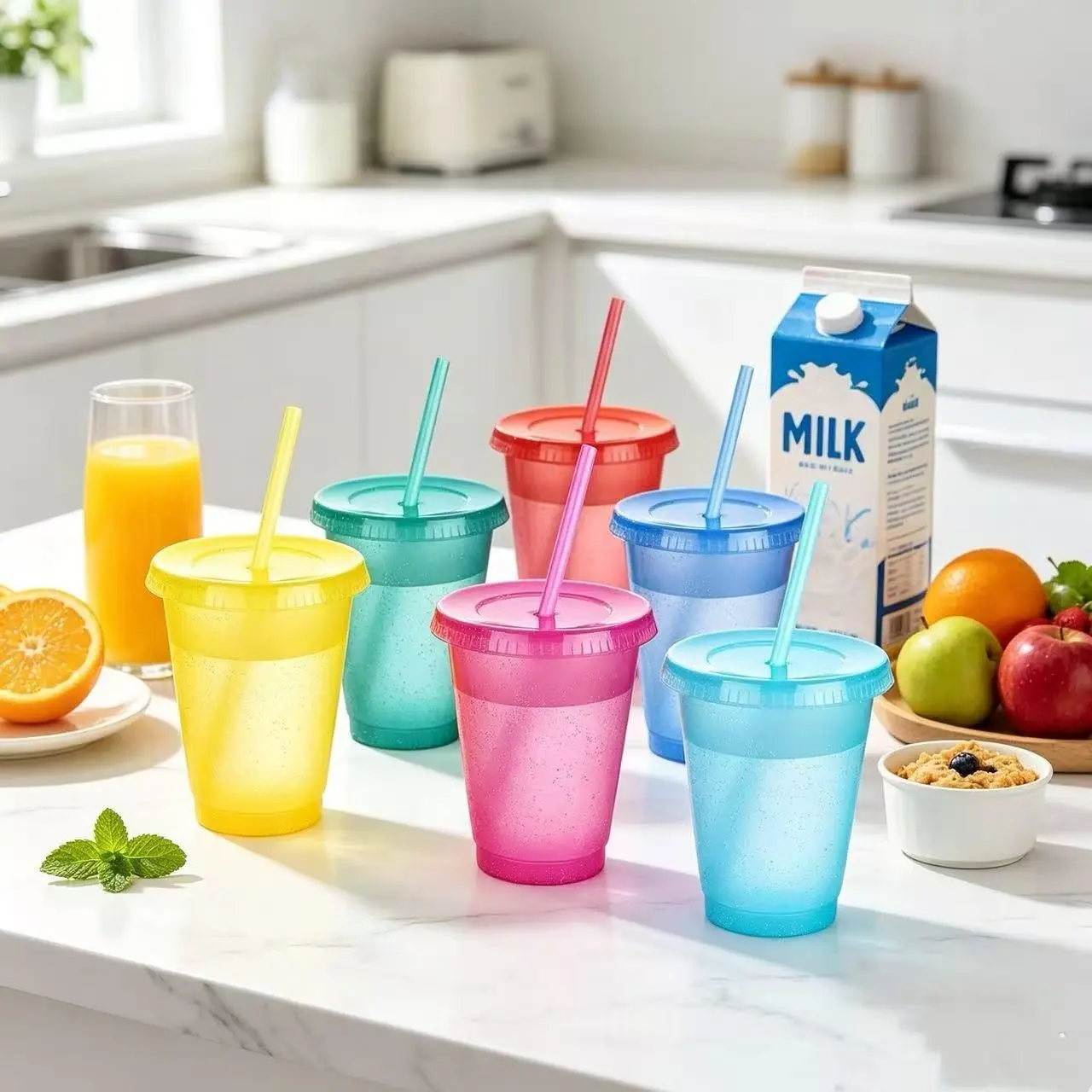 10 Reusable Colorful Plastic Cups, 16oz BPA-Free, Includes Lids and Straws, Perfect for Parties and Smoothies, Random Colors