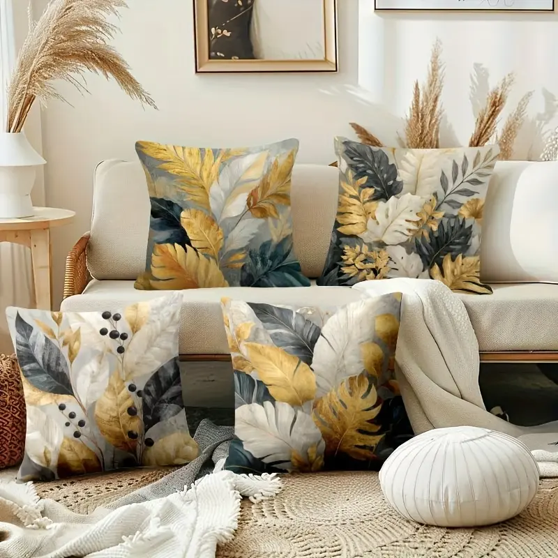4pcs Luxurious Natural Plant Leaf Pillow Covers | Create A Noble And Elegant Home Atmosphere, Suitable For Living Room, Bed, And Sofa, Square, Polyester, Machine Washable, Contemporary Style With Zipper Closure, Bedroom Decorative Accessories