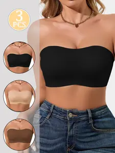 3-Pack Women's Non-Slip Strapless Bras, Seamless Wireless Tube Top Bras, Detachable Pads, Ideal for Daily Wear, Travel, Exercise