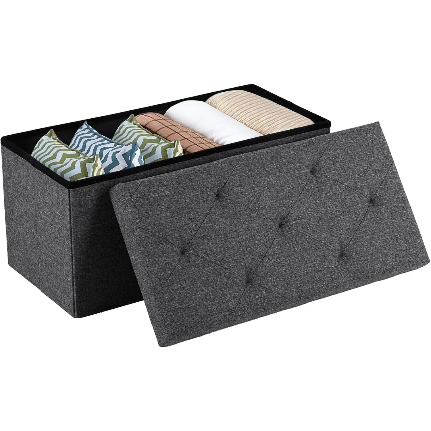 30 Inch Folding Storage Ottoman Bench, Large Hidden Storage Chest with Padded Seat, Foot Rest Stool Supports Up to 660Lbs, End of Bed Bench for Bedroom, Living Room, Linen Fabric, Grey