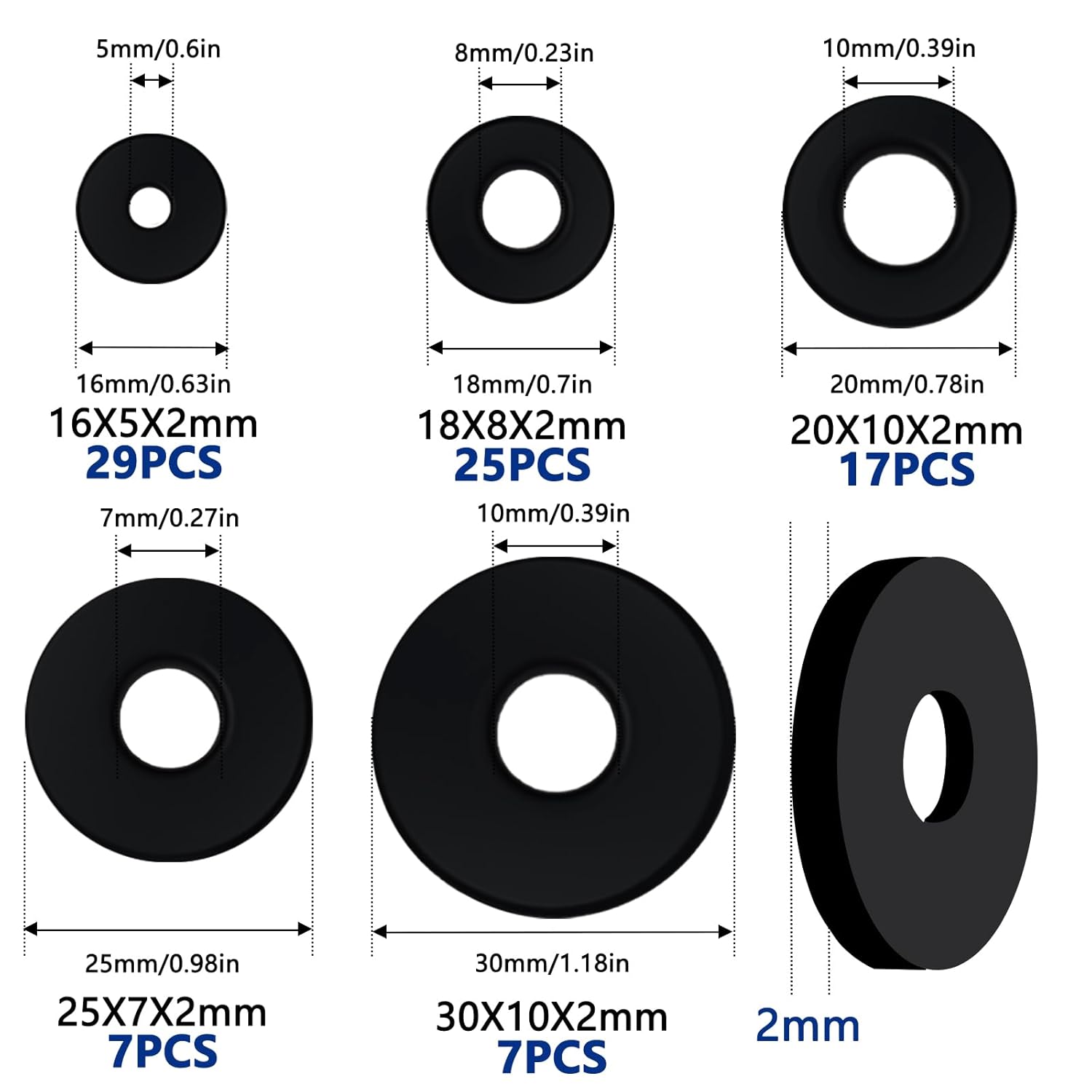 85 count Flat Rubber Washers Assortment Kit,16/18/20/25/30mm Black Washer,Vibration Absorbing Pads Sealing Rubber Washers for Faucets Garden  Screws Hose Plumbing Shower - 5 Sizes