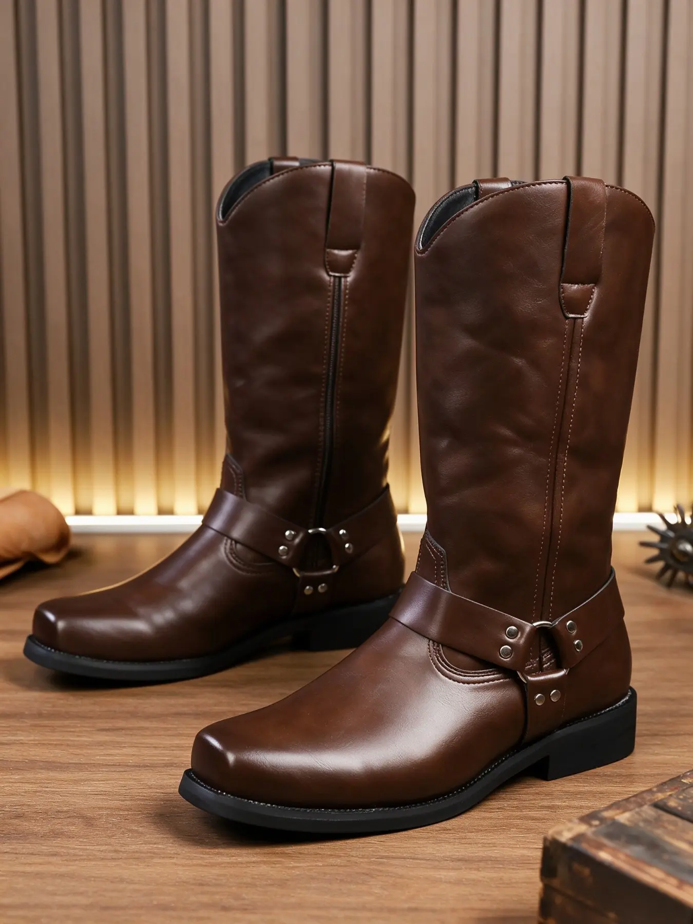 Men Metal Buckle Harness Western Cowboy Boots, Square Toe Mid‑Calf Vintage Biker Boots For Daily Party