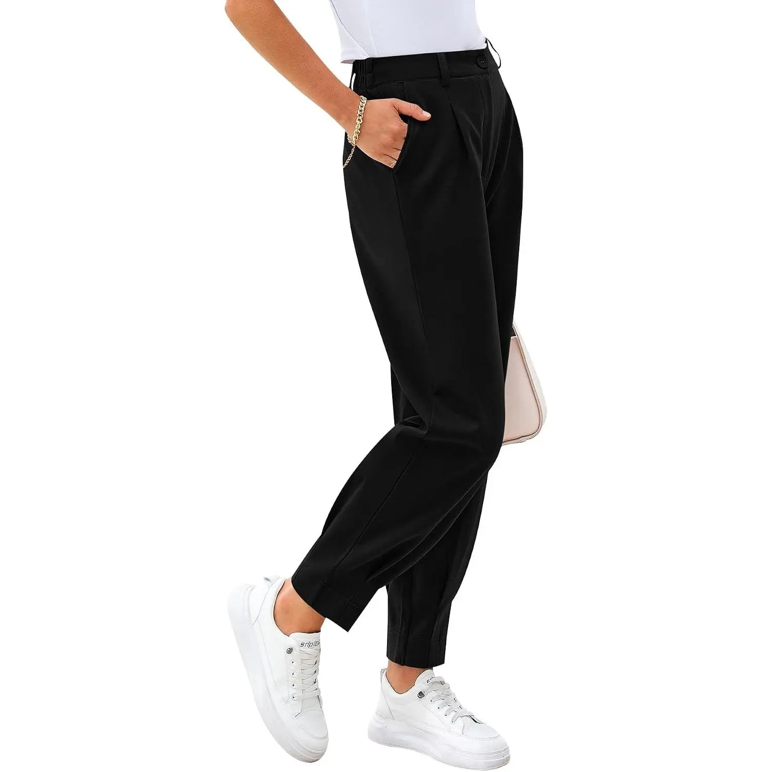Women's 2026 Summer High-Waisted Fitted Pleated Ankle-Length Pants with Pockets - Elegant Clothes for Work Office Dress Trousers Slacks